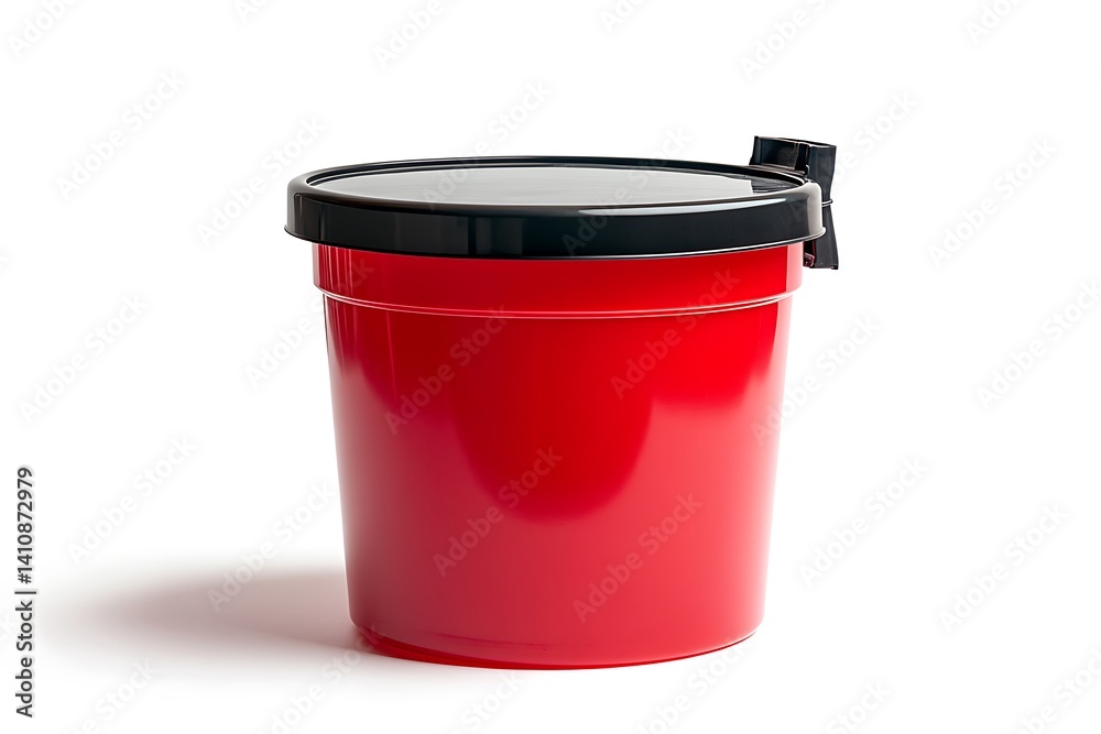 A vivid red plastic container with a black cap, featuring a handle, isolated on white, ideal for industrial or packaging visual concepts