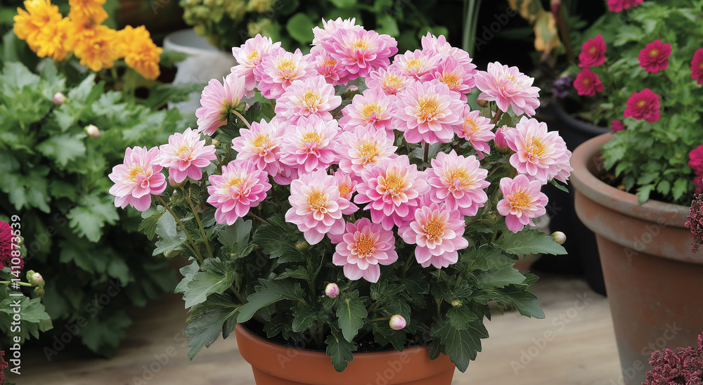 Obraz premium Dália compacta 'Dalina Maxi Starburst Pink' em flor.