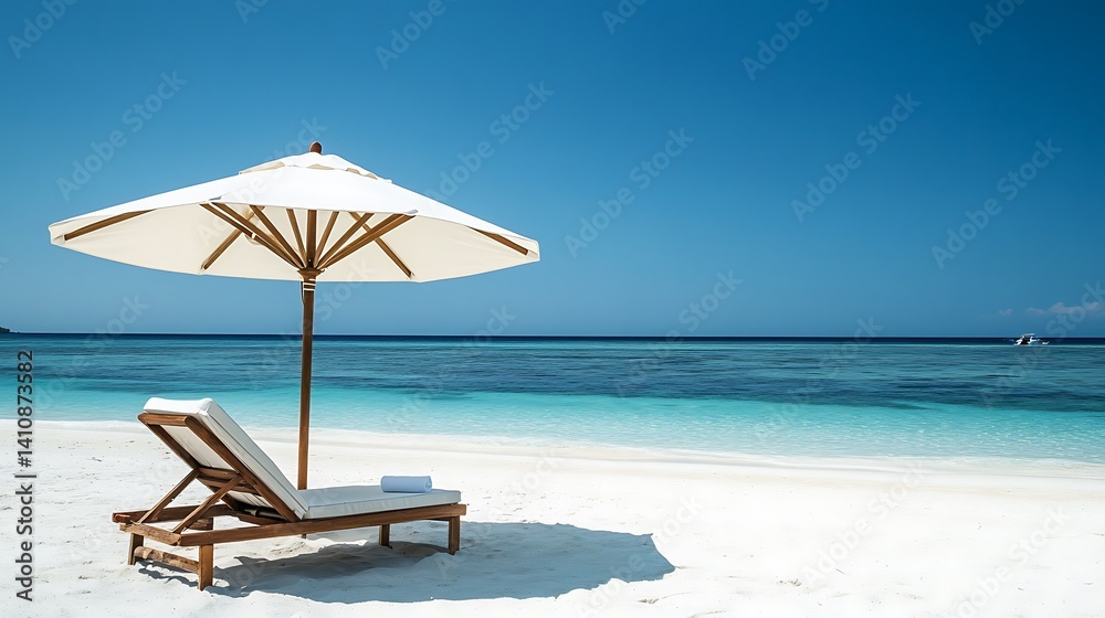 A white beach umbrella and a comfortable outdoor lounge chair, positioned on soft sand under the clear blue sky, offering a peaceful retreat.
