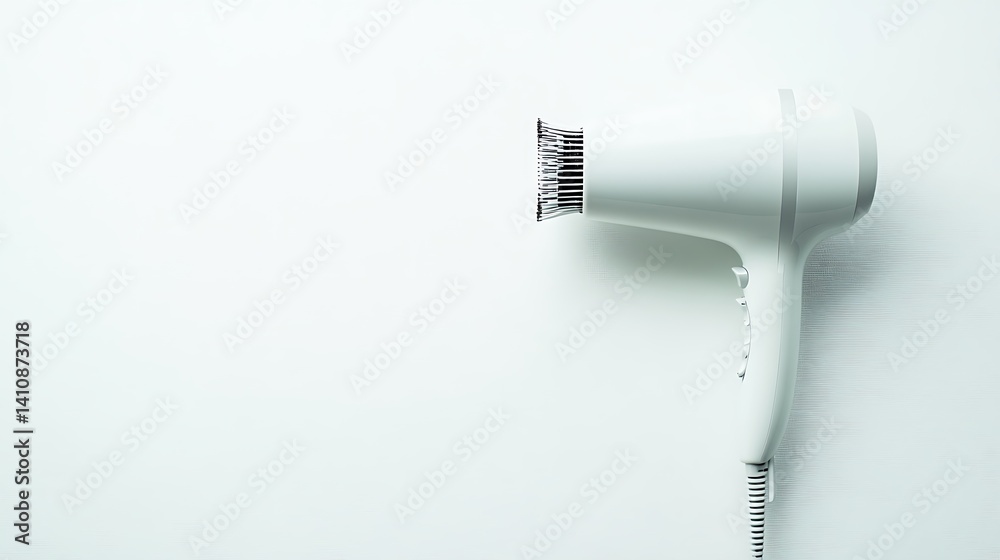 A white hairdryer, showcasing its sleek design, isolated on a white background for a professional aesthetic