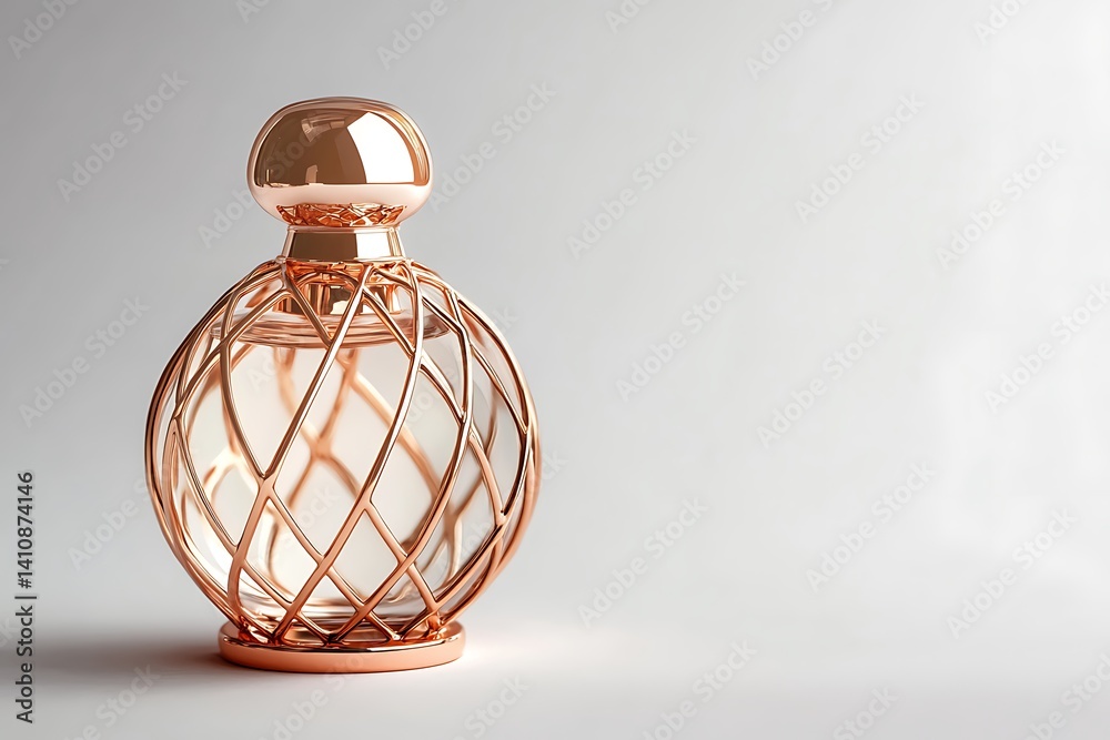 An elegant copper perfume bottle cage, captured in a studio shot, isolated on a white background for luxury decor.