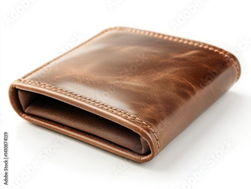 An elegant brown leather wallet, isolated on a clean white background, ideal for showcasing premium accessories or fashion items