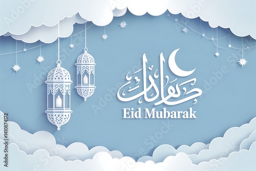 Eid Mubarak Celebration Paper Cut Design with Lanterns and Clouds
