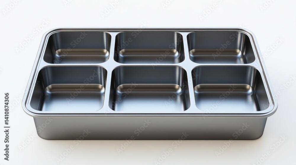 An open metallic container with compartments, designed for organizing tools or supplies, isolated on a white background