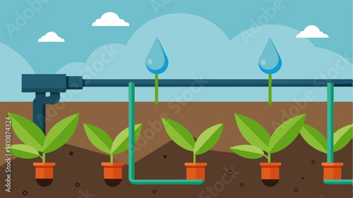 Drip Irrigation A closeup view of a drip irrigation system with tubes delivering a slow steady supply of water to each plant.. Vector illustration