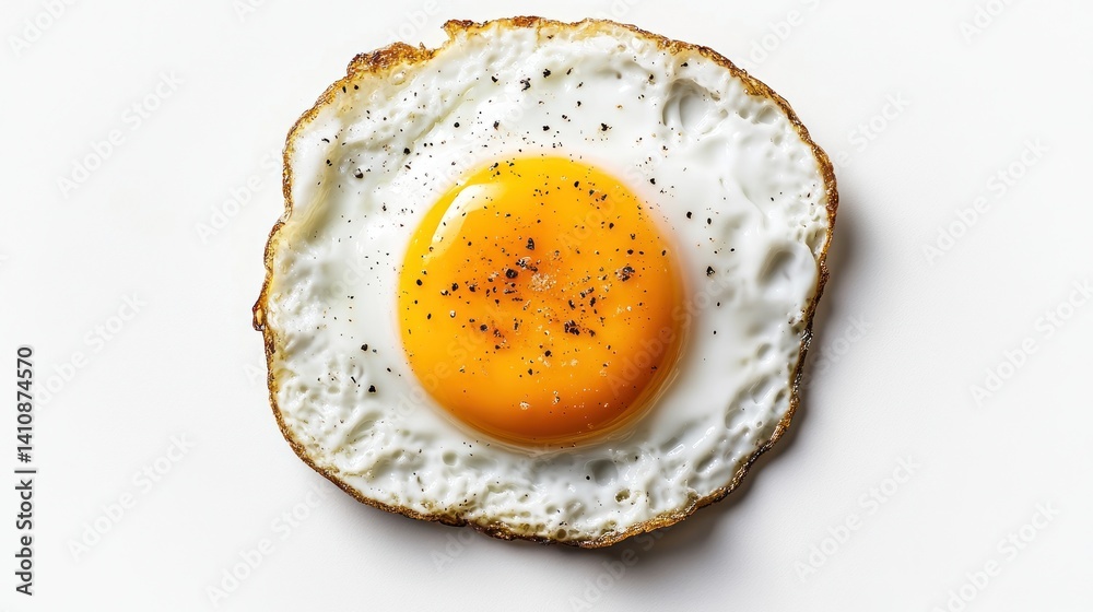 Another shot of a fried egg from a top view, isolated on a clean white background for a beautiful food photography piece