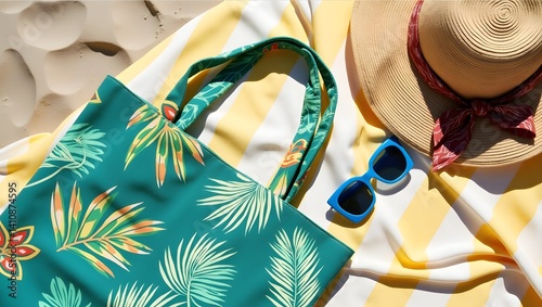 Beach Bag Essentials: A green tropical patterned tote bag, sunglasses, and a straw sun hat lie neatly arranged on a striped beach towel. photo