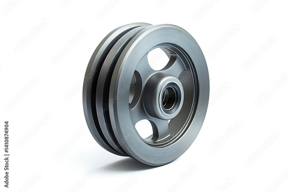 Caster wheel isolated on a pure white background, showcasing its industrial design with precise focus on the metal construction and smooth rolling functionality.