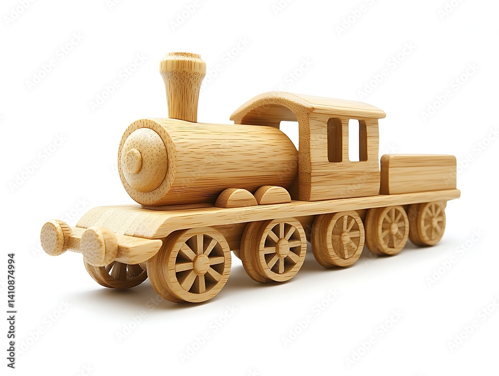 Classic wooden toy train, carefully crafted and isolated on a clean white background