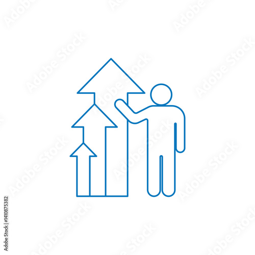 A person next to an upward arrow sign describing career goals. Vector icon.