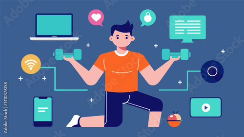 A virtual fitness coach that adapts to your fitness level and capabilities providing video demonstrations and modifications for each exercise in your customized plan.. Vector illustration