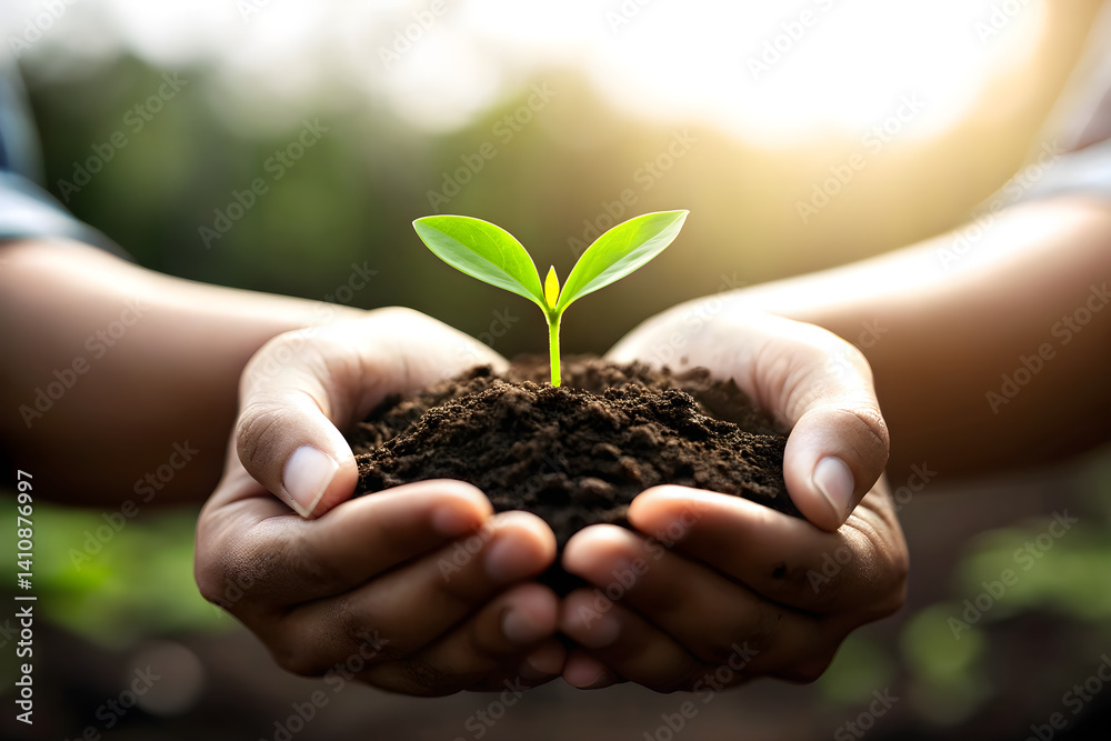 Hands Holding Young Green Seedling in Soil with Sunlight, Concept of Growth, Environment, Sustainability, and Eco-Friendly Agricultural Practices Hands Holding Young Green Seedling in Soil with Sunlight, Concept of Growth, Environment, Sustainability, and Eco-Friendly Agricultural Practices