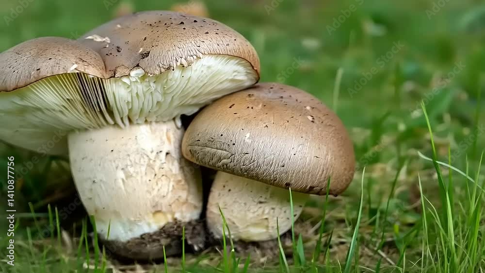 Close-up of Two Mushrooms Growing in Grass Close-up of Two Mushrooms Growing in Grass
