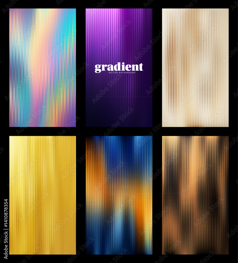Fototapeta premium Ripple glass distortion background set. Collection Vertical Abstract fractal effect ribbed glass texture with vibrant gradients. Reeded Bold dynamic design blending futuristic tones vector bg.
