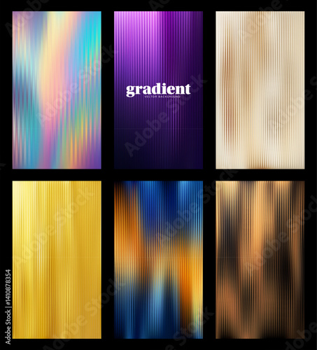 Ripple glass distortion background set. Collection Vertical Abstract fractal effect ribbed glass texture with vibrant gradients. Reeded Bold dynamic design blending futuristic tones vector bg.