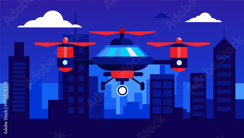 Red and blue lights flicker on top of a police drone as it surveys the city analyzing realtime data to spot and prevent any potential crimes.. Vector illustration