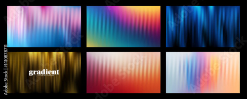 Ripple glass distortion background set. Collection Abstract fractal effect ribbed glass texture with vibrant gradients. Reeded Bold dynamic design blending futuristic tones vector bg.