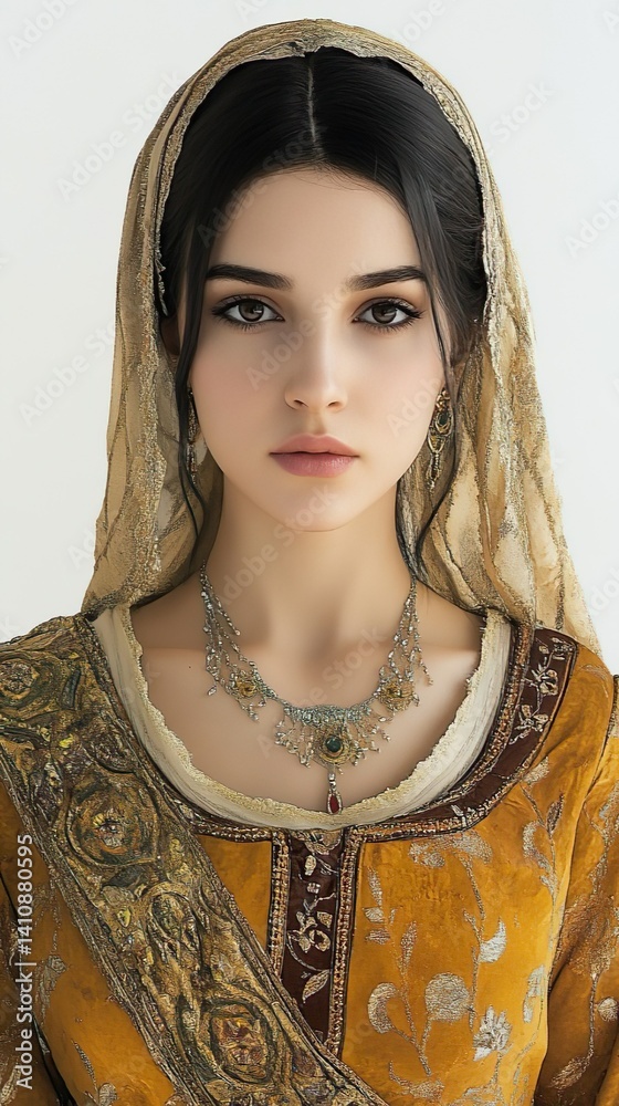 A girl with dark straight hair is dressed in elegant Ottoman Empire clothing