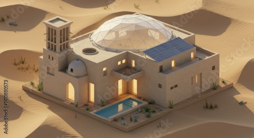 Isometric eco-house design in desert landscape with sustainable features solar dome photo