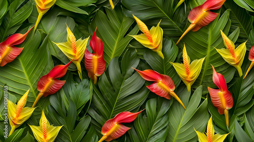 Vibrant Tropical Floral Pattern With Red And Yellow Flowers On Green Leaves