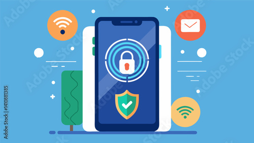 A smartphone screen displaying a security app that uses biometric data such as voice recognition to unlock the device.. Vector illustration