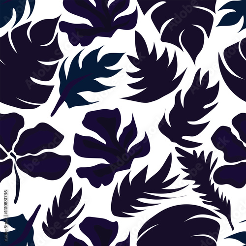 blue dark colored layered monstera and tropical leaves on white background seamless pattern.