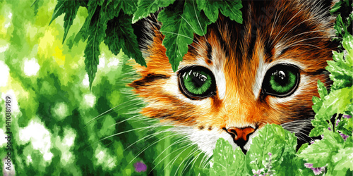 Stunning Vector Illustration of Curious Cute Cat with Bright Green Eyes Hiding Behind Lush Green Foliage Artistic Nature Animal Portrait for Creative Designs and Decor