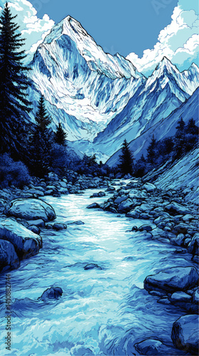 Stunning Vector Illustration of Majestic Snowy Mountains with Flowing River Surrounded by Pine Trees and Rocks in Tranquil Scenic Nature Landscape Background Art