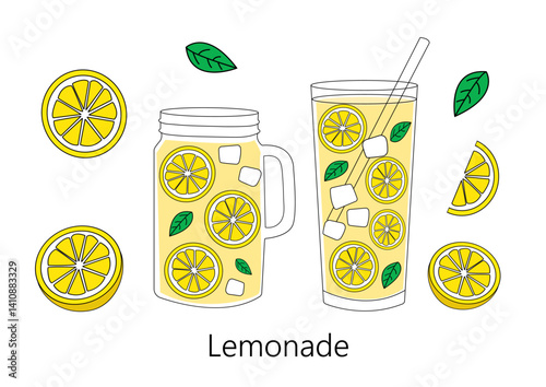Refreshing lemonade served in a tall glass and a mason jar with citrus slices and ice cubes