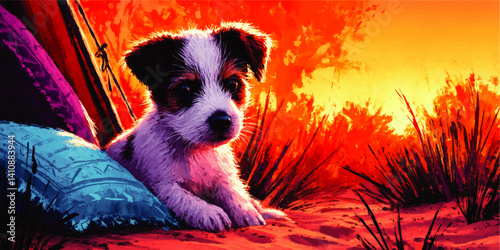 Adorable Puppy Resting on Pillow at Vibrant Sunset Outdoors Warm Beautiful Illustration of Jack Russell Dog Relaxing in Nature Bright Artistic Background Wallpaper Art