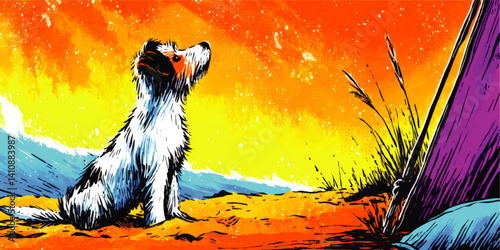 Vector Illustration of Cute Curious Puppy Dog Sitting on Sandy Beach at Colorful Vibrant Sunset with Ocean View Beside Camping Tent Nature Outdoors Scene for Designs