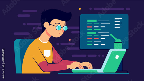 A student carefully inputting lines of code into a machine their eyes fixed on the screen as they meticulously follow the instructions.. Vector illustration