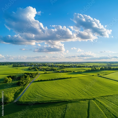 Green fields under a blue sky