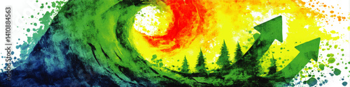 Vibrant Abstract Vector Art with Colorful Wave Natural Forest Scene Green Upward Arrows and Artistic Paint Splashes Ideal for Creativity Environment Growth Concepts