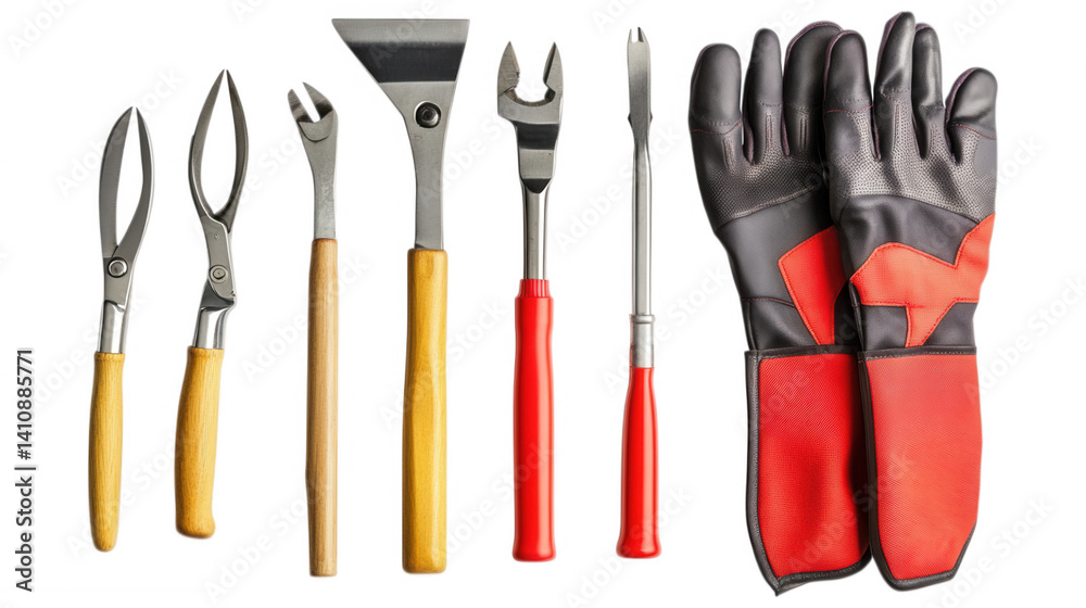 Barbecue Tools Arrangement: A collection of barbecue tools with gloves in a row, perfectly displayed. Each tool has a specific purpose for outdoor cooking, arranged side by side. Barbecue Tools Arrangement: A collection of barbecue tools with gloves in a row, perfectly displayed. Each tool has a specific purpose for outdoor cooking, arranged side by side.