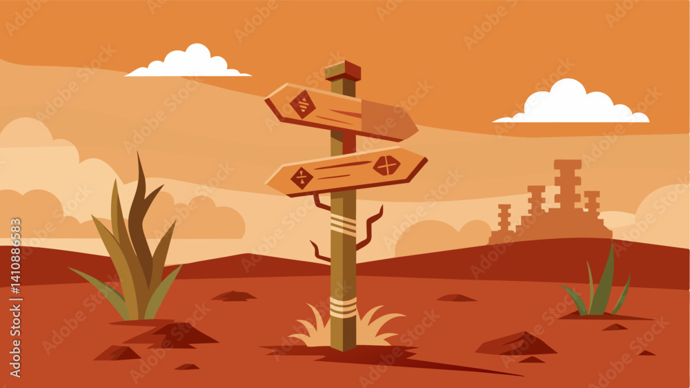 An intricately carved signpost adorned with symbols of drought and thirst pointing towards a barren desolate landscape with the simple phrase No Water No Life.. Vector illustration