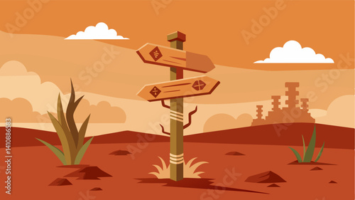Obraz na płótnie An intricately carved signpost adorned with symbols of drought and thirst pointing towards a barren desolate landscape with the simple phrase No Water No Life.. Vector illustration w salonie