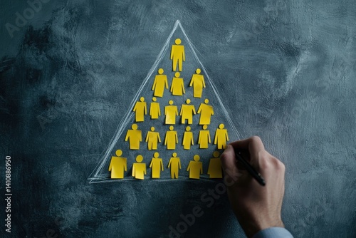 Hand draws hierarchical pyramid chart with yellow figures on dark background photo