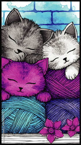 Adorable Vector Illustration of Cute Sleeping Kittens on Colorful Yarn Balls with Bright Floral Accents and Vivid Blue Brick Background for Animal and Cat Lovers