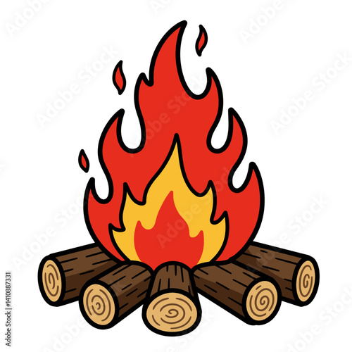 Cartoon Campfire with Bright Flames and Wooden Logs