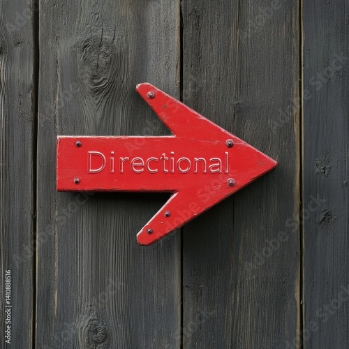 Red directional arrow on wood wall