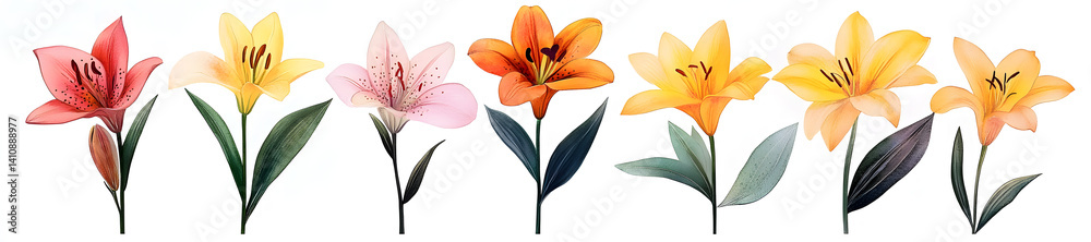Obraz premium Colorful lilies are depicted in a watercolor botanical painting illustration, placed on a solitary white background, commonly used on greeting cards