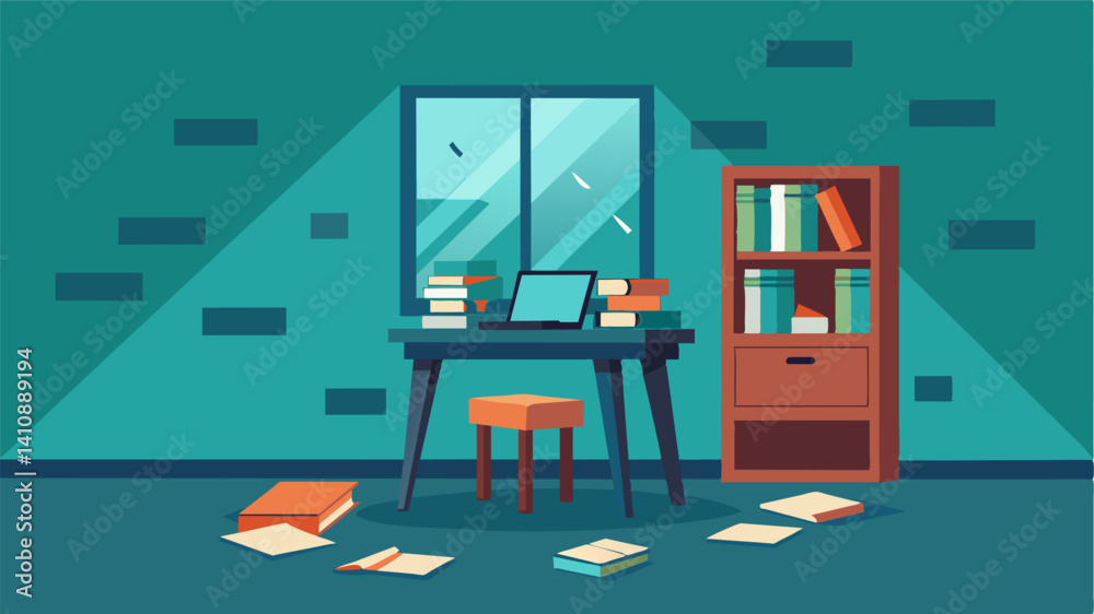 A corner of a crowded shared apartment where a small desk holds a laptop and surrounded by tattered coding books.. Vector illustration A corner of a crowded shared apartment where a small desk holds a laptop and surrounded by tattered coding books.. Vector illustration