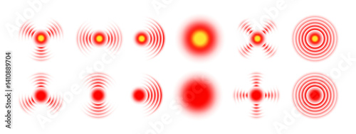 Pain icon red circle. Point target for inflammation illustration in muscle, body and joints. Mark for sick stomach, head or spine. Set of vector elements isolated on white background.