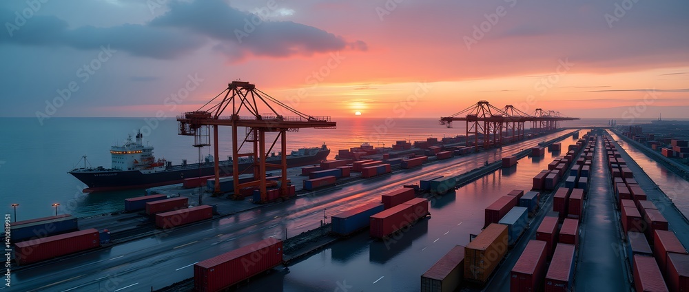 Stack of Colorful Shipping Containers at Sunset