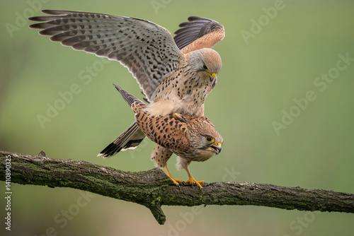 Common kestrel (Falco tinnunculus). Falcon Pair Mating on Mossy Branch. Open meadow in spring. Rare moment of natural intimacy frozen mid-air.