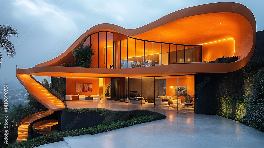 Fototapeta premium Modern Futuristic House With Unique Design Luxurious Living At Dusk Photo