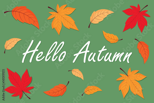 Hello Autumn Postcard with Autumn Leaves Vector Illustration