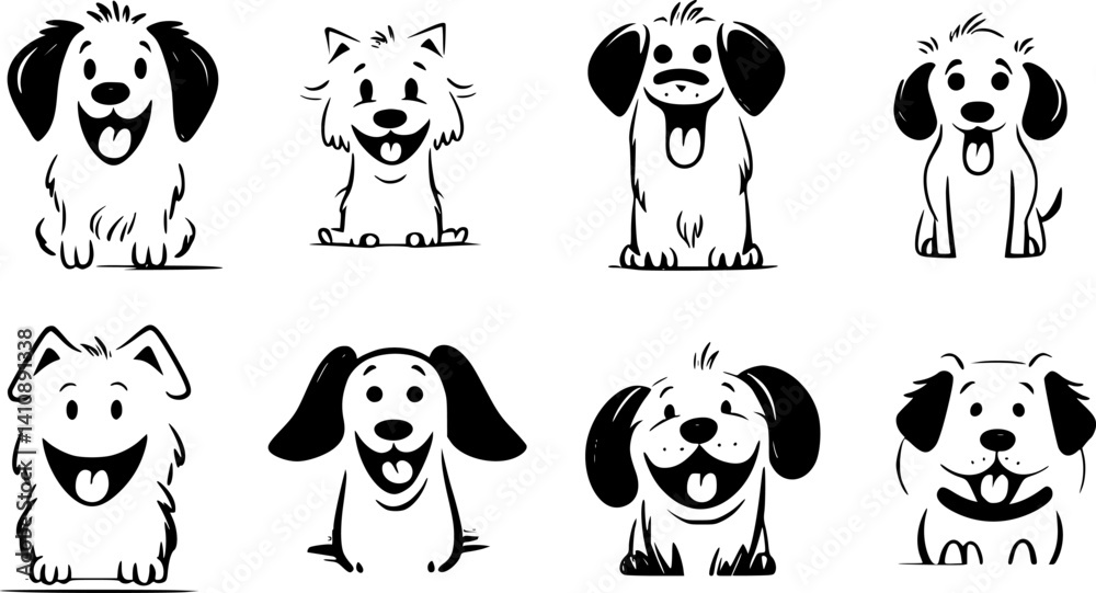Obraz premium Eight different breeds of happy cartoon dogs showing their tongue, suitable for children books and playful design projects
