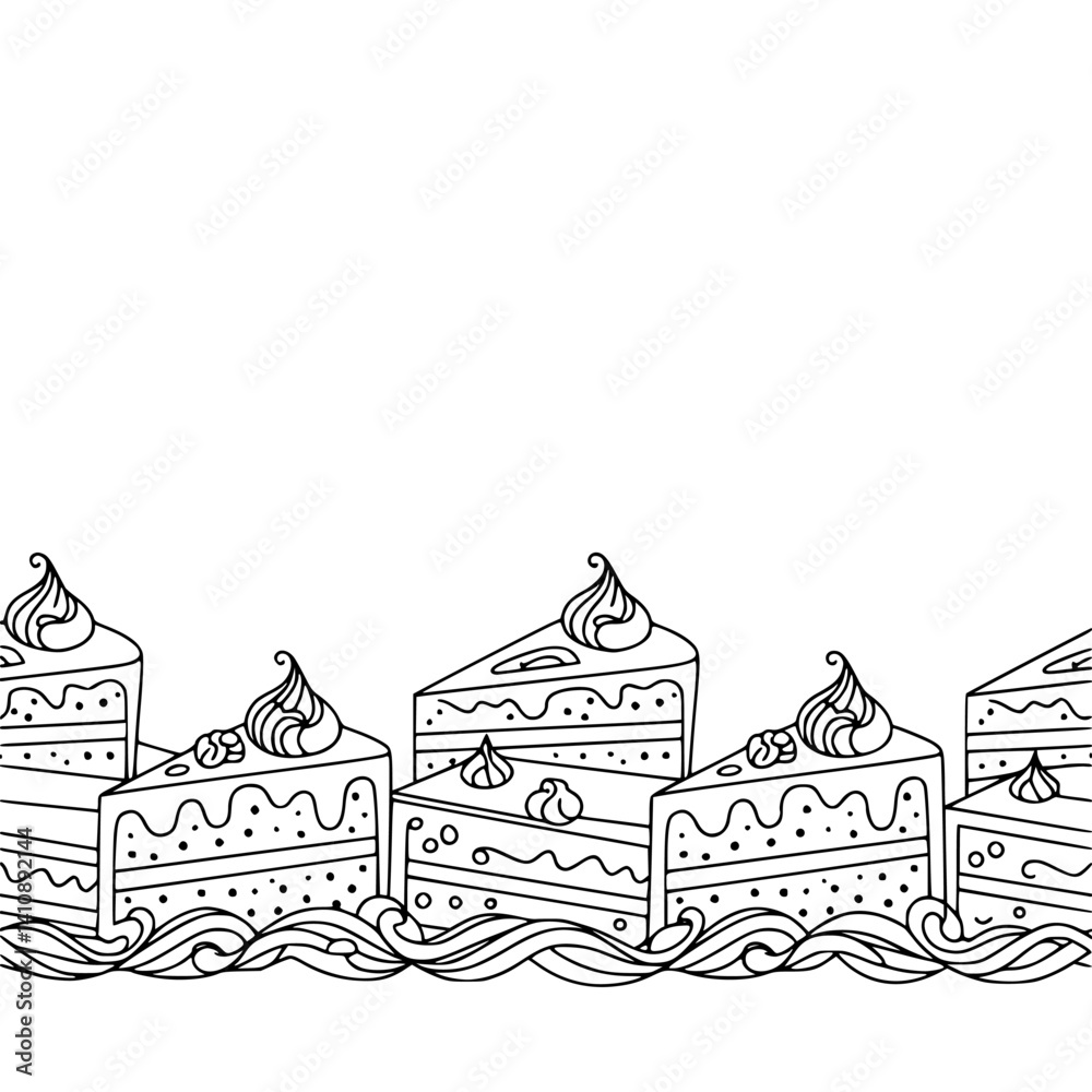 Fototapeta premium Hand-Drawn Cake Slices Border in Black and White